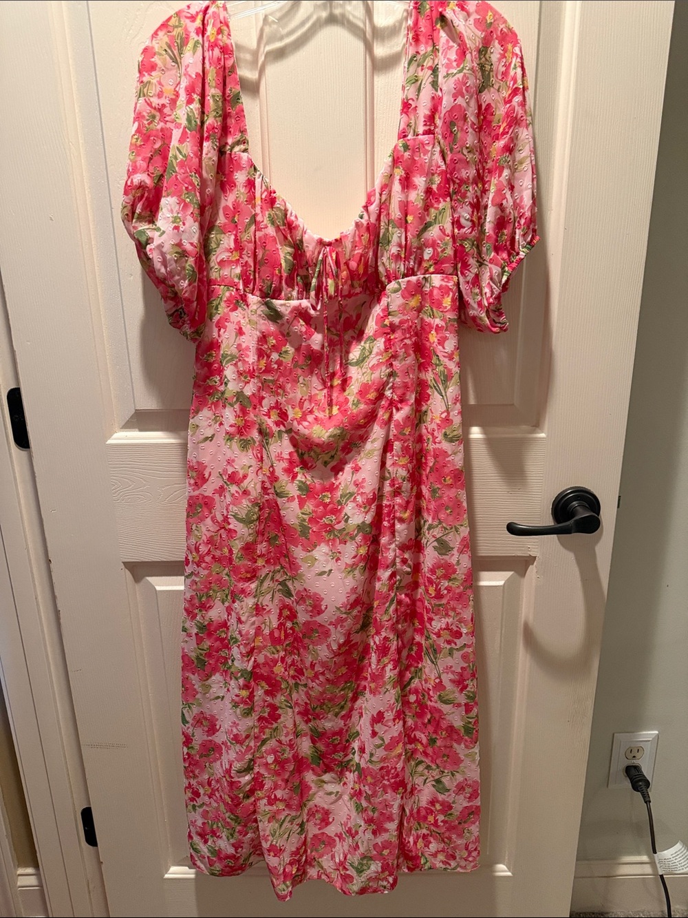 B Darlin Pink Floral Midi Dress with Puff Sleeves